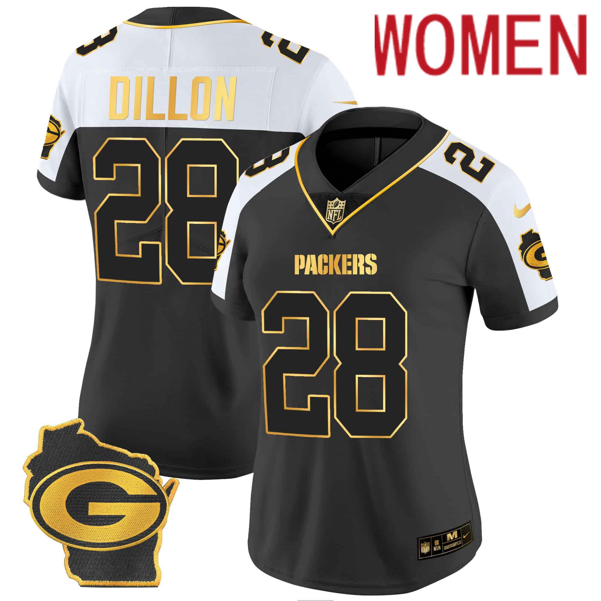 Women Green Bay Packers 28 Dillon Black Gold 2024 Nike Home Patch Vapor NFL Jersey